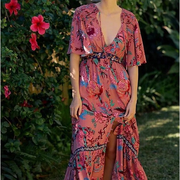 Anthropologie Dresses & Skirts - Anthropologie Floral Embroidered Pink Maxi Dress Large Boho Western Romantic Fem